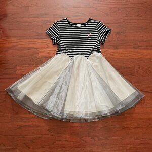 Kids Scalloped Ruffle Tulle Dress w/Flared Skirt and Black & White Striped Print